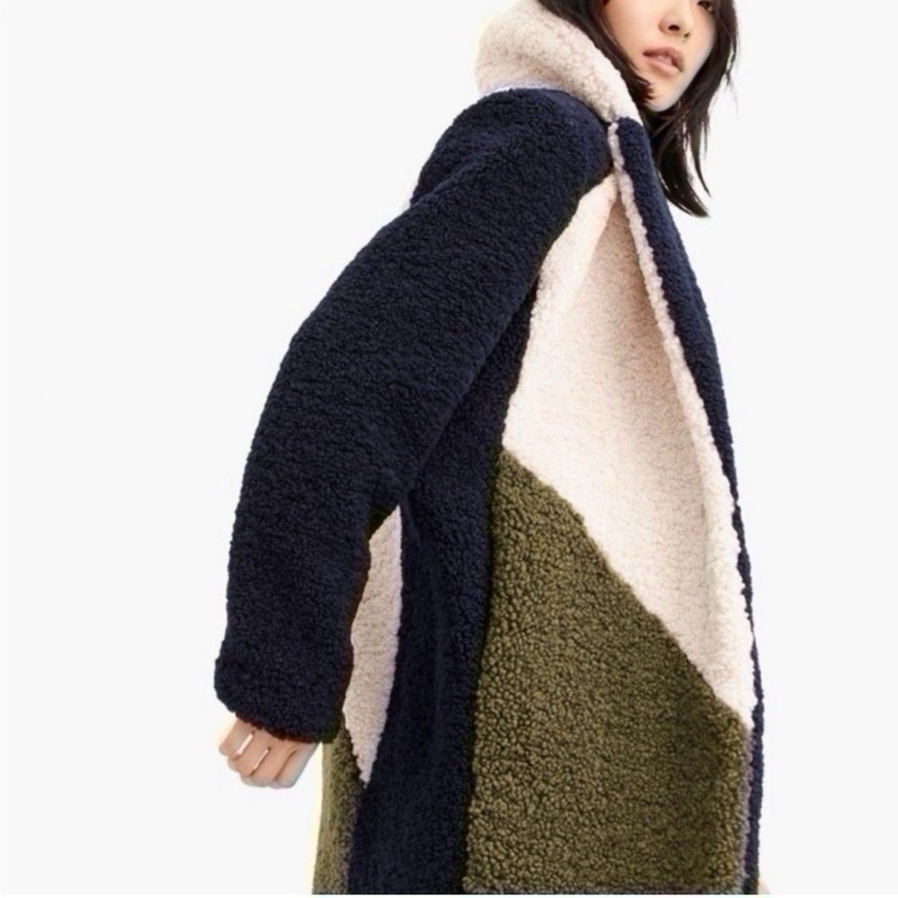 J.Crew Women’s Teddy Sherpa Colorblock Thick Coat Green Ivory Navy Blue - Picture 5 of 13